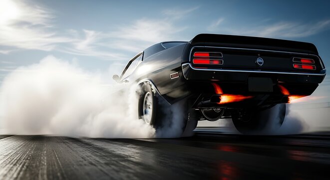 Powerful Muscle Car Burnout with Exhaust Flames
