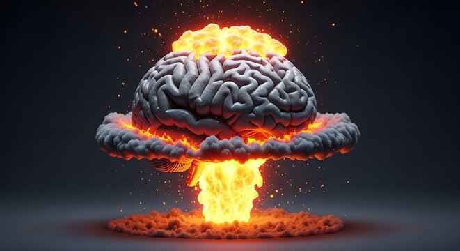 Exploding Brain Concept Illustration with Fire and Smoke
