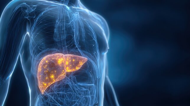 Modern medical visualization of fatty liver disease inside semi transparent human body, liver highlighted with realistic texture and glowing warning