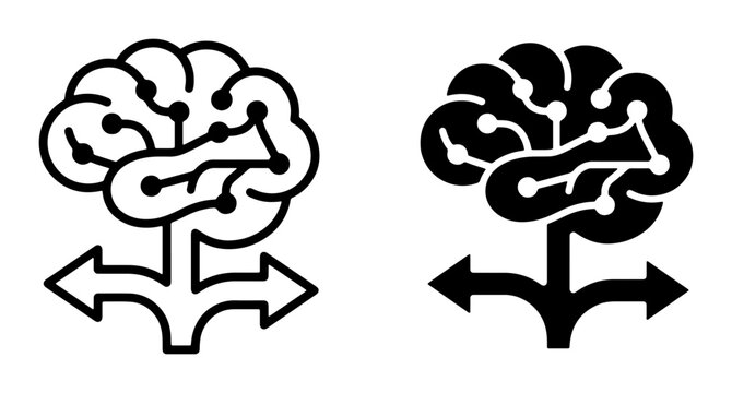 Abstract Brain Icon Set, Decision Making Concept, Neural Network Pathways, Choice Crossroads, Technology and Science Vector Graphics