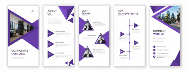 Corporate overview presentation mobile layout template set with clean purple triangle geometric shapes, about us mission, team profile, and key milestones. © VectorGhor