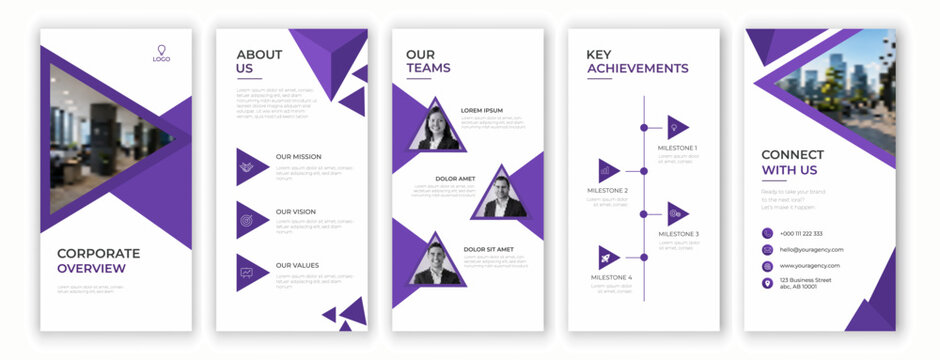 Corporate overview presentation mobile layout template set with clean purple triangle geometric shapes, about us mission, team profile, and key milestones.