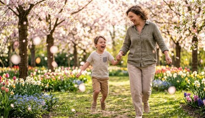 Fototapeta premium Happy mother holding hands with little son walking in blooming spring garden. Family enjoying cherry blossom park, love, motherhood, childhood, parenting concept