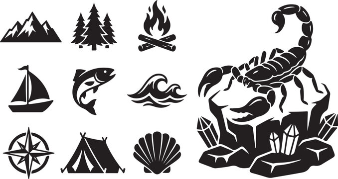 Scorpio Zodiac Symbol with Nature Icons Collection