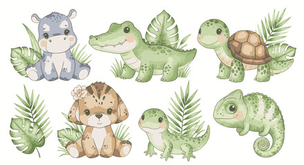 Obraz premium Watercolor Vector Set of Adorable Baby Safari Animals Featuring a Lion, Elephant, Giraffe, Zebra, and Hippo in a Soft Nursery Style Isolated on a Plain White Background