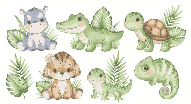Watercolor Vector Set of Adorable Baby Safari Animals Featuring a Lion, Elephant, Giraffe, Zebra, and Hippo in a Soft Nursery Style Isolated on a Plain White Background
