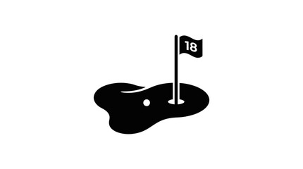 Golf hole with flag and ball black silhouette on white background