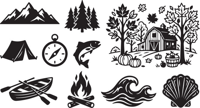 Outdoor Adventure Icons and Nature Symbols Collection