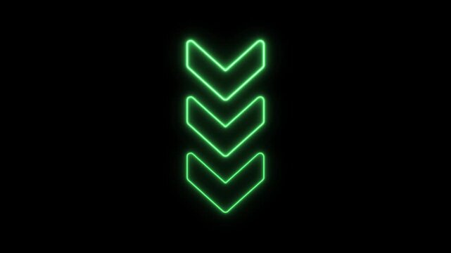 Animated neon arrow pointing down on black background.Abstract glowing down arrow icon animation. download icon sign.