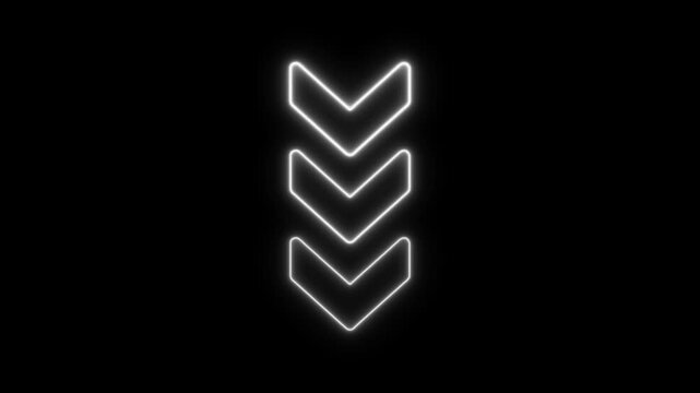 Animated neon arrow pointing down on black background.Abstract glowing down arrow icon animation. download icon sign.