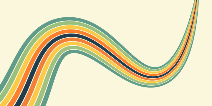 Abstract colorful 70s background vector. Vintage retro wallpaper with rainbow stripes and wavy lines. A 1970 color illustration suitable for posters, banners, decorative items and wall art.
