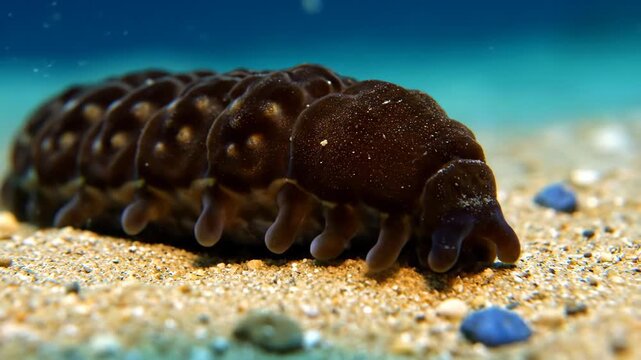 A strange dark sea slug clings to sandy ocean floor while exploring its underwater world with few small pebbles
