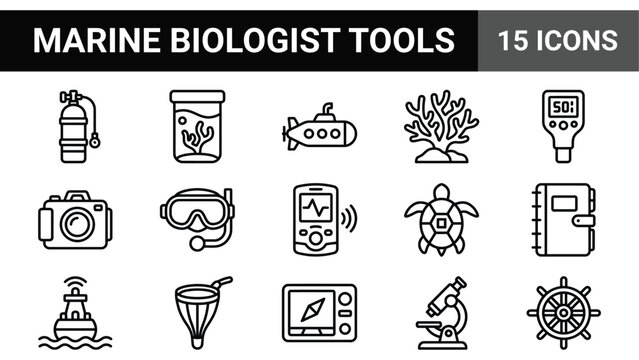Marine biologist tools icon set, 15 ocean research line icons, underwater exploration and marine science vector kit