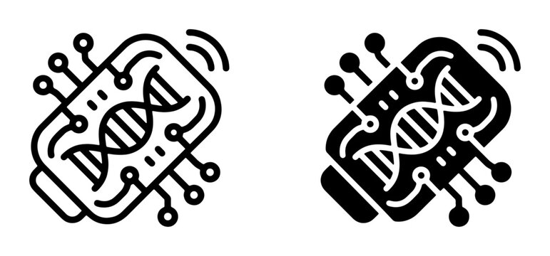 Biotechnology Chip Icon Set, DNA Science Circuitry, Digital Genetics Technology, Molecular Data Processing, Wireless Signal