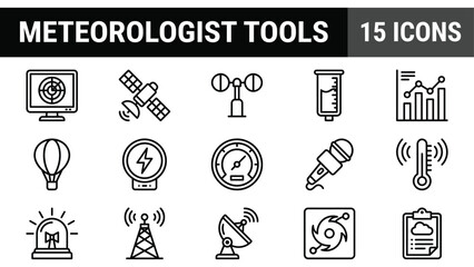 Fototapeta premium Meteorologist tools icon set, 15 weather forecasting line vectors, professional meteorology equipment symbols pack