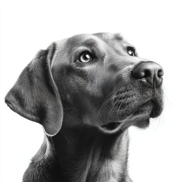 Close Up Black And White Portrait Of A Weimaraner Dog Looking Up With Bright Eyes White Background