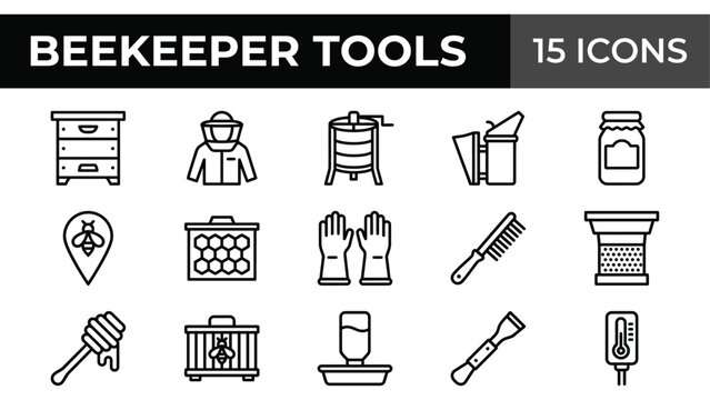 Beekeeper tools icon set, 15 professional beekeeping equipment line icons, honey production and apiary vector symbols