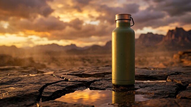 Insulated stainless steel water bottle standing on a rugged, rocky mountain ridge during a vibrant sunset. Concept of product durability, material standardization, manufacturing compliance, quality 