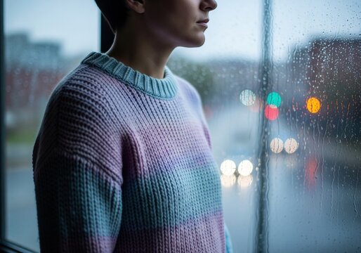 Pensive person in a colorful sweater looks out a rain-streaked window at city lights