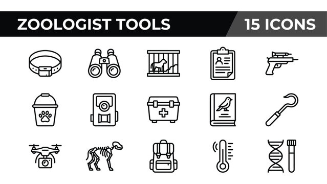 Zoologist tools icon set, 15 professional wildlife research line icons, veterinary science and animal study vector
