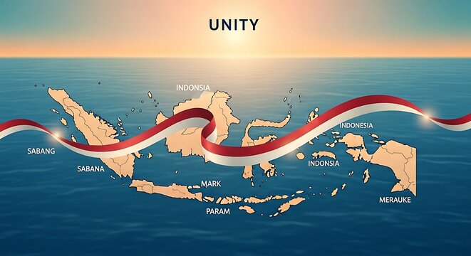 Unity concept with Indonesian map and flag ribbon at sunset over ocean