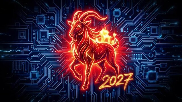 Fiery red goat symbol in dynamic pose on glowing blue circuit board background. Modern technology meets astrological tradition in neon style illustration