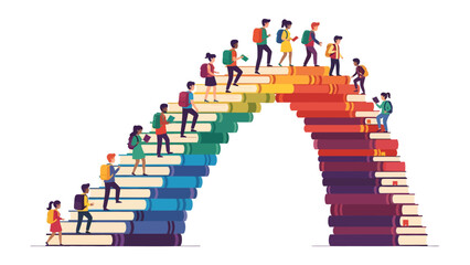 Knowledge Arch: Children and adults ascend a vibrant rainbow staircase constructed from books, symbolizing the journey of education and the acquisition of knowledge. © Ajhar234