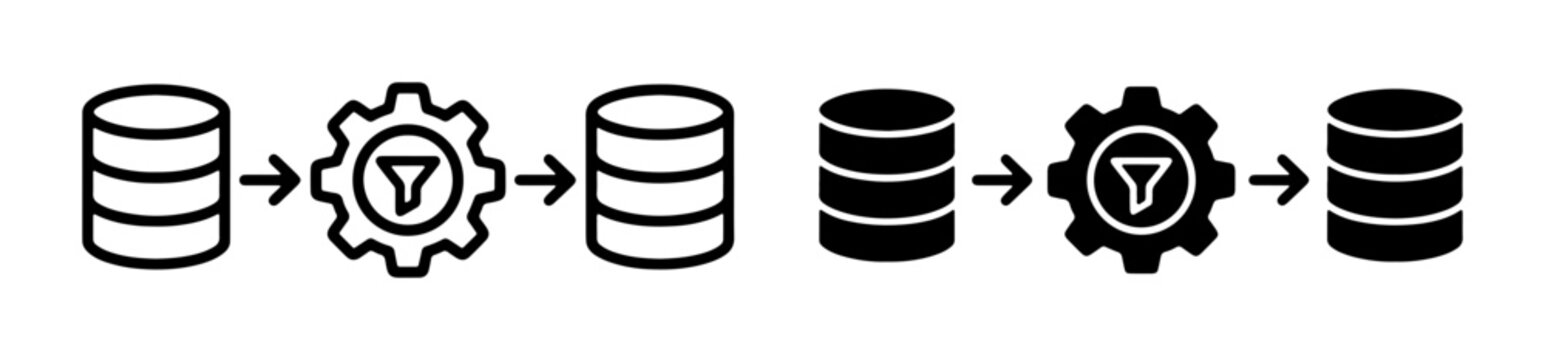 Data processing workflow icons, database management and filtering process, digital information flow, data analysis and storage symbols