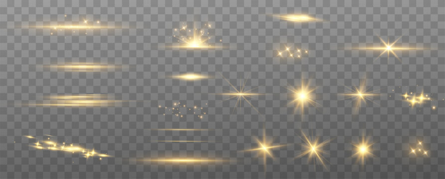 Starburst Light Effect with Glowing Sun Rays on Transparent Background.Golden Magic Light Star Flash Effect.