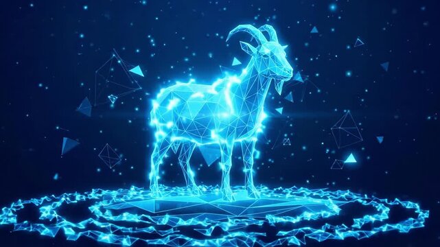 Blue polygonal goat in digital 3D wireframe style standing on glowing platform. Futuristic representation of fire goat zodiac symbol for chinese new year 2027 celebration and technology concept