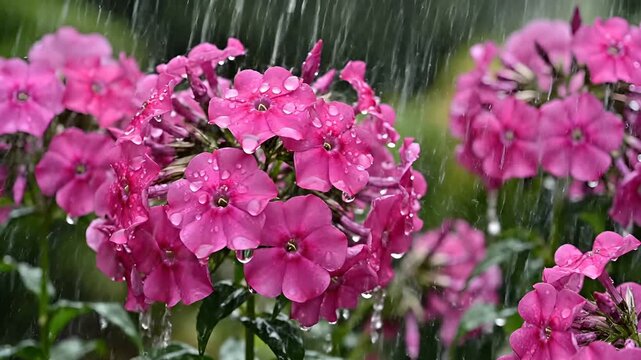 Closeup of vibrant pink phlox flowers being watered in a garden.