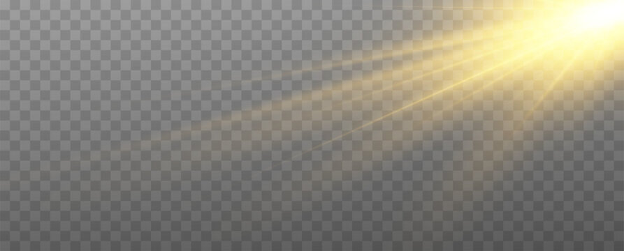 Sunlight glow effect, radiant light overlay, bright sun rays, glowing flare, transparent light burst, luminous sunshine on transparent background.