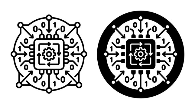 Microchip processor icon set, digital data flow, binary code, technology concept, circuit board elements, AI processing, computer chip graphic
