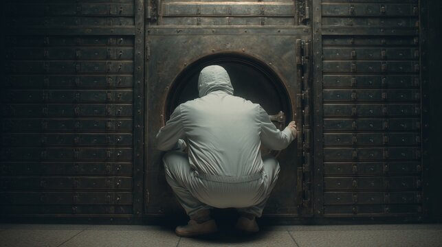 Person in protective hooded suit entering a round vault door. Rear view, industrial metal wall with lockers, burglary, heist, bank robbery and security breach concept.