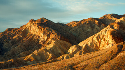 Obraz premium Arid mountain ridges in golden desert light with layered rock textures