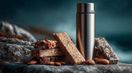 Fototapeta premium Modern stainless steel thermos surrounded by energy bars and almonds on natural rock surface
