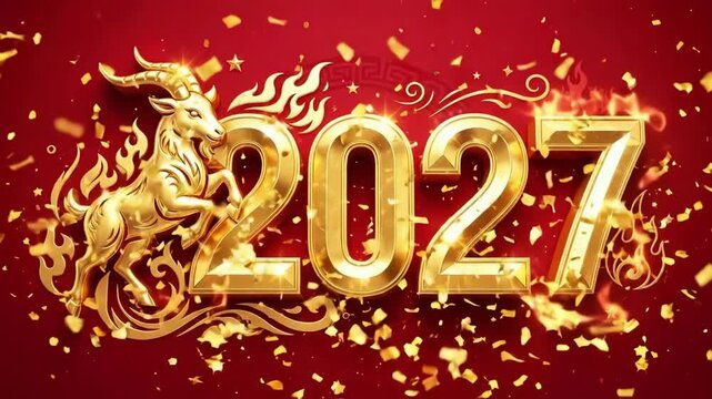 Golden fire goat leaping with flames and 2027 numerals on red background. Chinese zodiac year of the fiery sheep celebration. Festive new year design with sparks and confetti for holiday greetings
