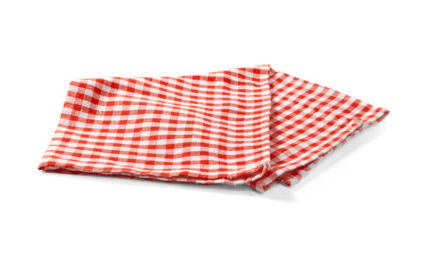 Red napkin on white background. Folded red-and-white gingham kitchen towel isolated.