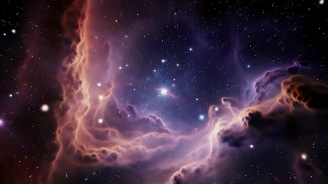 Ultra-wide video of a vast, luminescent cosmic landscape with swirling purple, blue, red nebulae, twinkling stars. Slow dolly forward for a serene, meditative abstract journey through space concept