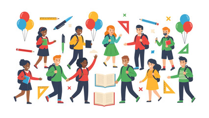 Fototapeta premium Diverse group of cheerful children with backpacks, books, and school supplies celebrating the start of a new school year in a colorful, flat illustration.