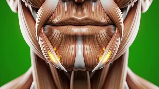 Detailed 3D Anatomical Illustration of Facial Muscle Structure Focused on Jaw and Lip Muscles With Bright Green Background for Educational Use