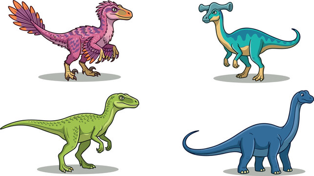 Prehistoric Cartoon Dinosaur Vector Character Set Featuring Feathered Raptor Brachiosaurus and Crested Hadrosaur Species Isolated on White Background for Kids Designs