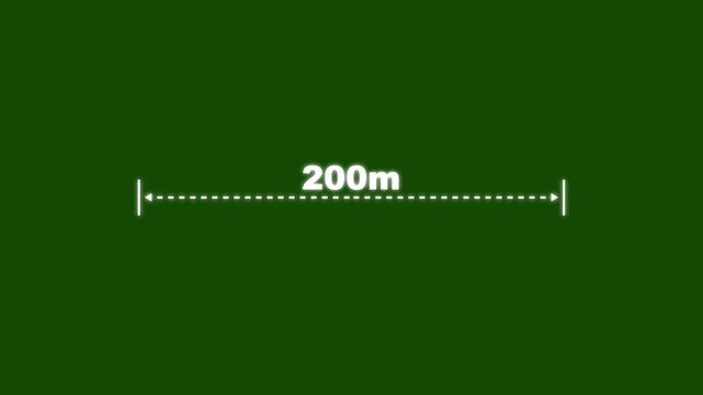 Measuring distance length dotted line animation. A dotted line representing a 200 meter measurement for design and layout purposes. 200 meter dimension dotted line