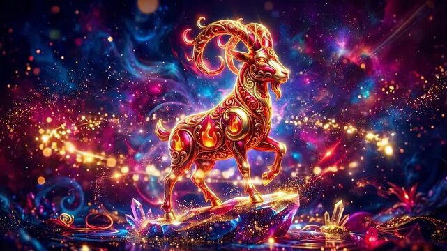 Ornate golden ram with fiery red patterns standing on crystal rock. Mystical zodiac symbol of year of the fire sheep. Chinese new year 2027 celebration and astrology concept