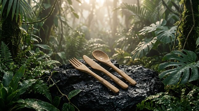 Eco-friendly bamboo cutlery resting on mossy forest ground. Concept of sustainability, environmental awareness, conscious living, green choice, zero waste, and ecological responsibility.