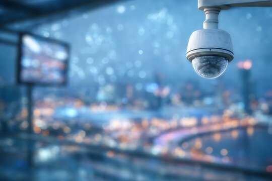 Surveillance Camera Watching Over City at Night with Security System, and Blurred Background.