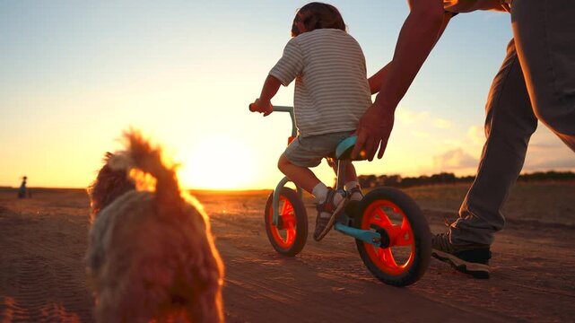 A man assists a boy riding a bicycle as a dog watches them. The scene takes place at sunset, creating a warm atmosphere with orange hues in the sky.