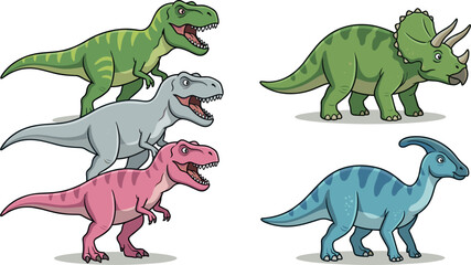 Cute Cartoon Dinosaur Vector Set Featuring Tyrannosaurus Rex Triceratops and Parasaurolophus Characters Isolated on White Background for Kids Book Illustrations © RAJU