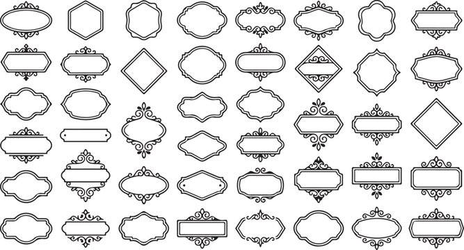 Set of forty vintage decorative frames and elegant classic borders in black line art style for wedding invitations and retro graphic design elements collection