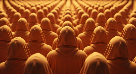 Obraz premium Crowd of hooded figures in amber light